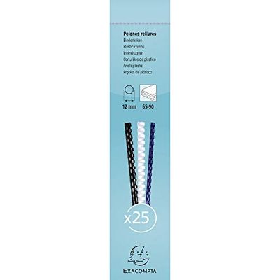 Exacompta - Ref 76400E - Binding Combs - 12mm Thick, 21 Rings, Suitable for A4 Documents, Holds Approx. 65-90 Sheets, Made from PVC Material - White (Pack of 25)