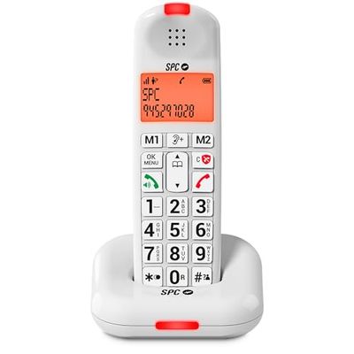 SPC Comfort Kairo - Téléphone sans Fil Seniors avec Grandes Touches, Son amplifié, Compatible avec appareils auditifs, Fonction de Blocage d'appel, Signal Lumineux et 2 mémoires directes - Blanc