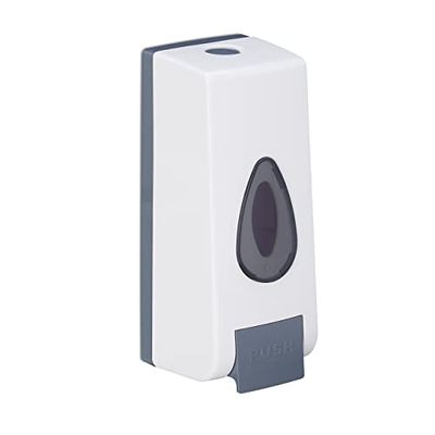 Relaxdays Dispensador Jabón de Pared, Rellenable, 350 ml, Manual, Bomba Gel Ducha o Detergente, 20x7,5x7,5 cm, Blanco
