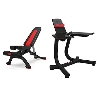 Bowflex 5.1S Stowable Bench Banco para Pesas + SelectTech Stand with Media Rack Estante para Mancuernas Ajustables, Adultos Unisex, Rojo, Negro, Gris, Talla Única