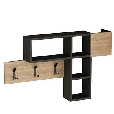 BAKAJI Perchero de pared con 9 ganchos para colgar ropa y estantería, 3 estantes de madera MDF bicolor, diseño moderno, tamaño 99,5 x 61 x 15 cm (gris)