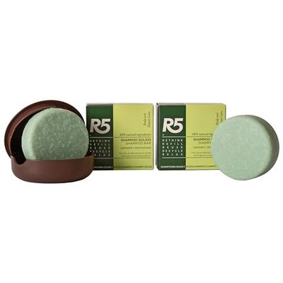 R5 - Kit de shampooing hydratant solide - 2 shampooings et 1 support solide en plastique 100% recyclé et entièrement recyclable - Deux savons de 70g chacun (l'équivalent de 4 bouteilles de 250ml).