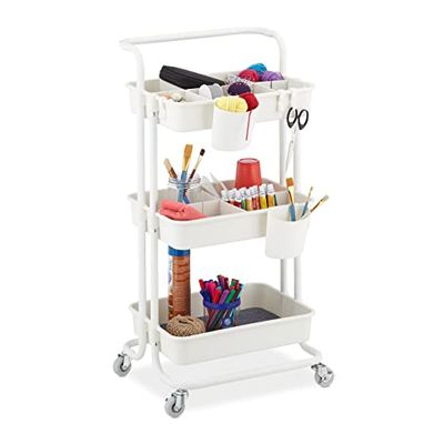 Relaxdays Carrito Auxiliar, 3 Niveles, 2 Frenos, Multiusos para Cocina y Oficina, Camarera 86x43x34 cm, Metal, Blanco