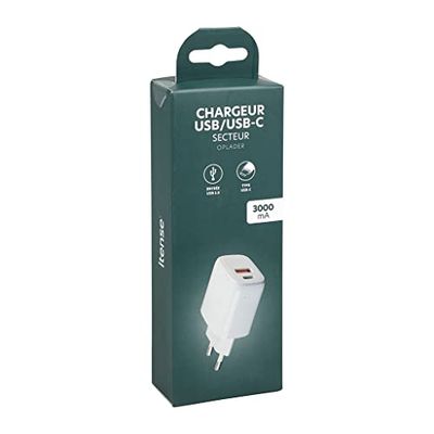 ITENSE – Cargador USB/USB-C – Entrada: 100-240 V 50/60 Hz – Salida USB y USB-C – 5 V – 3000 mA – 1 Puerto Utilizado: Intensidad de Salida 3000 mA – 2 Puertos utilizados: Intensidad de Salida 1500 mA