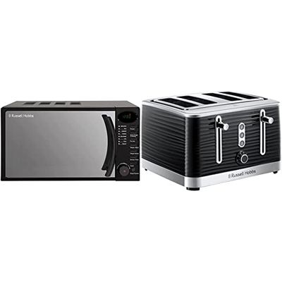Russell Hobbs RHM1714B 17 Litre 700 W Black Digital Solo Microwave with 5 Power Levels, 8 Auto Cook Menus, Automatic Defrost, Easy Clean & 24381 Inspire High Gloss Plastic Four Slice Toaster, Black