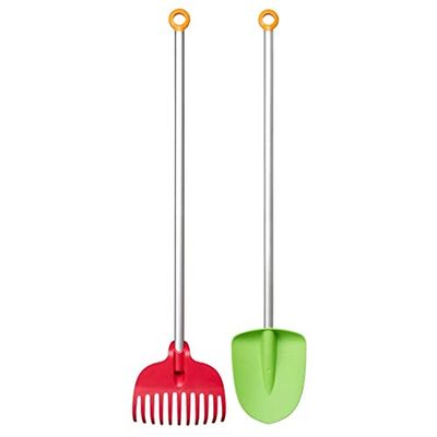Fiskars Pala y rastrillo de hojas para niños, Juego 2 en 1, Longitud: 88 cm, Cabezas de plástico reforzado con fibra de vidrio/mangos de aluminio, Verde/naranja y rojo/naranja, MyFirst Fiskars, 1063038