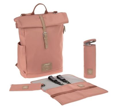 LÄSSIG Baby skötryggsäck med skötmatta, barnvagnsfäste, flaskvärmare vattenavvisande hållbart producerad/Rolltop ryggsäck kanel