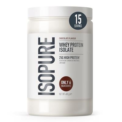 Isopure Chocolate Whey Protein Isolate Powder, High in Protein with 25 g per Serve, Low in Sugar, No Artificial Flavours or Sweeteners, Made with Only 6 Ingredients, 480 g