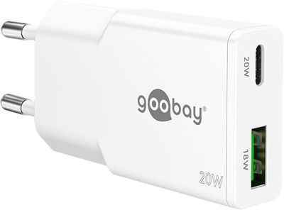 goobay Cargador USB-C rápido GAN Slim 20W con Doble Puerto, diseño extraplano, Carga Segura, Compatible con iPhone, Samsung, Xiaomi, iPad, Blanco, 75730