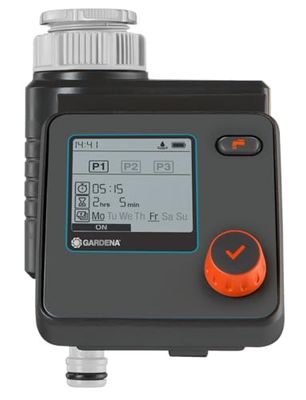 Gardena Besproeiingscomputer Select: Automatische en tijdbesparende besproeiing, flexibele besproeiing dankzij 3 tijdschema's, Water Now-functie (1891-20), Zwart, Grijs, Oranje