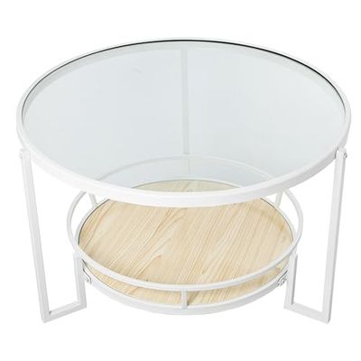 DRW Ronde bijzettafel van metaal en glas met plank van hout in wit en transparant, 70 x 45 cm, rek 50 cm