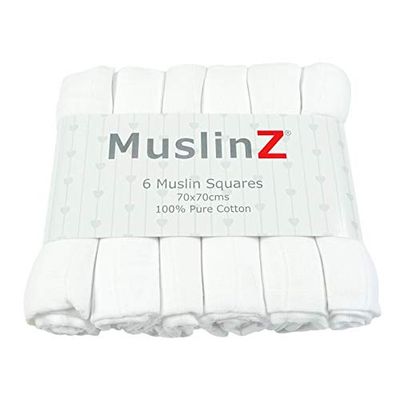 MuslinZ White Baby Muslin Cloths, Baby Burp Cloths, Baby Muslins, Baby Diaper Cloths, 100% Pure Cotton, Newborn Baby Essential (6 pack - 70x70cms)