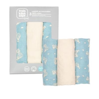 Trois Kilos Sept - Set of 3 Baby Swaddles - Certificié Oeko-tex - 70 x 70 cm - Pears Motif