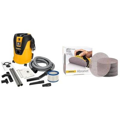 MIRKA Aspirateur Industriel Aspirateur Eau et poussière 25 litres/Tuyau d'aspiration & Abranet Grille Abrasive Ø 125mm autoagrippant - Grain P120-50 pcs