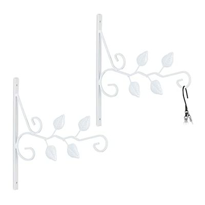Relaxdays Blomampelhållare med bladmotiv, set om 2, väggmontering, HxBxD: 30 x 29,5 x 2 cm, blomkrok, järn, vit