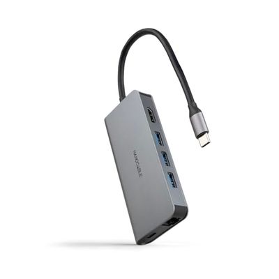 NANOCABLE 10.16.4609 – Hub USB-C 8-en-1, Convertisseur USB-C 3.1 vers 3xUSB-A 3.0 + HDMI 4K@60Hz + USB-C PD + RJ45 1Gbps + TF + SD, Aluminium, Gris, 18 cm