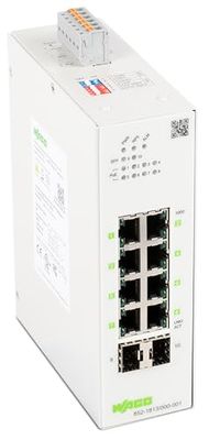 WAGO Industriële switch 852-1813 | met 8 ETHERNET-poorten 10/100/1000 Mbps autonegotiatie en diagnostische LED's aan de voorzijde | 2 x SFP-sleuven voor glasvezel | ondersteunt Power over Ethernet
