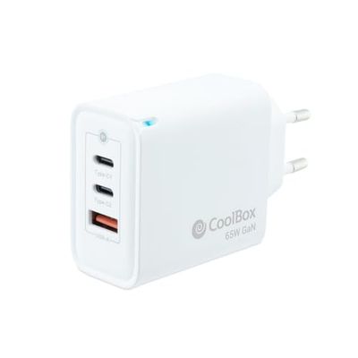 CoolBox Cargador 2 x USB C + USB A 65W con Tecnología GAN, QuickCharge 3.0 + PowerDelivery, Compatible con iPhone/iPad/Galaxy/Xiaomi. Formato Ultra Compacto, Color Blanco