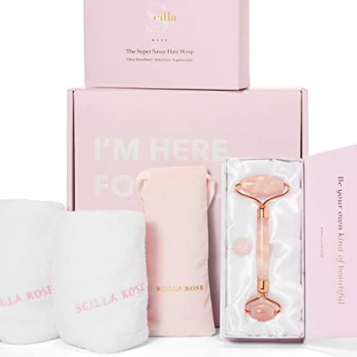 Scilla Rose Pamper Hamper Spa Gift Set for Women - Pink Jade Roller, Rose Quartz Roller and Hair Wrap, Valentine's Gifts for Women, Birthdays, Friendship Gifts for Her