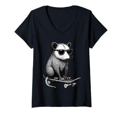 Donna Skateboarder Opossum con Occhiali da Sole Animal Skater Graphic Maglietta con Collo a V