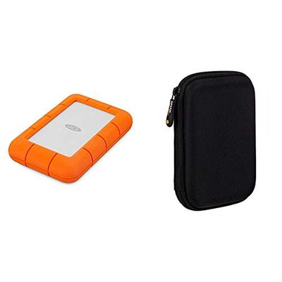 LaCie 4 TB Rugged Mini USB 3.0, 2.5 Pulgadas, Disco Duro Externo portátil para PC et Mac, Resistente a Golpes y caídas (LAC9000633) + Amazon Basics - Funda de Disco Duro, Color Negro y Naranja