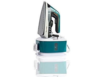 IJzer met keramische plaat in continue stoom, met instelbare temperatuur, inhoud 1,5 l, antikalkfilter inclusief kabelopwikkelaar, kleur donkergrijs, wit en messing