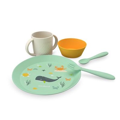 Miniland - Leerset, borden, lekvrije bekers en bijpassend bestek voor baby's, BPA-vrije babyvoedingsset (Ocean Set)