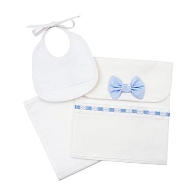AGOFIL FILET - Babywearing Set, Made Up of a bag with Aida Insert, Washcloth and Bib to be Embroidered, Gift Idea for Future Parents, in 100% cotton, Made in Italy, White and Light Blue.