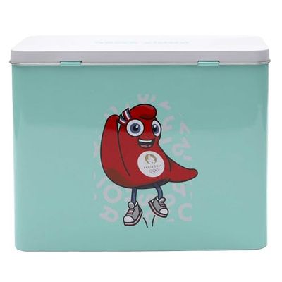 PARIS 2024, CJO5109 - Scatola in metallo mascotte braccio sollevato, 23 x 10 x 19,2 cm, prodotto ufficiale sotto licenza, scatola di immagazzinaggio per la cucina, scatola di conservazione zucchero
