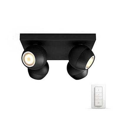 Philips Hue White Ambiance Buckram Faretto LED Smart, con Bluetooth, 4 Punti Luce, Lampadine e Telecomando Dimmer Switch Inclusi, 4x5W, Nero