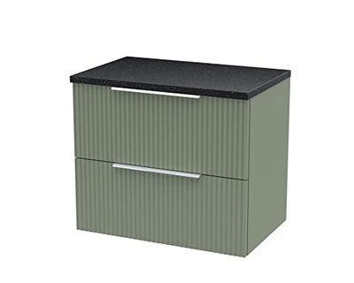 Hudson Reed DFF893LSB Fluted Modern Bathroom Wall Hung 2 Drawer Vanity Unit with Sparkle Black Laminate Worktop, 600mm, Satin Green