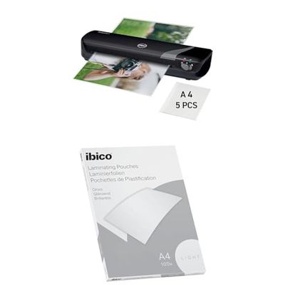 IBICO Pouch per Plastificazione a Caldo, 100 Pezzi, F.to A4, Light, con GBC Plastificatrice Inspire+ A4, 2 Rulli