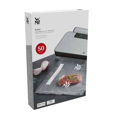 WMF Lono - Sacchetti sottovuoto per macchina sottovuoto, 50 pezzi, 20 x 30 cm, a 4 strati, lato strutturato/liscio, senza BPA, trasparente