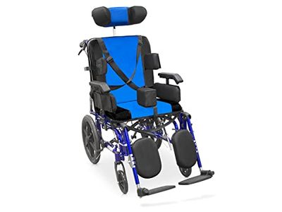 QUIRUMED Chaise roulante neurologique, Largeur Assise 46 cm, Extensible, Aluminium, Pliable, Freins à poignée, Anticool, Harnais de Fixation, Tête réglable, pour Personnes âgées