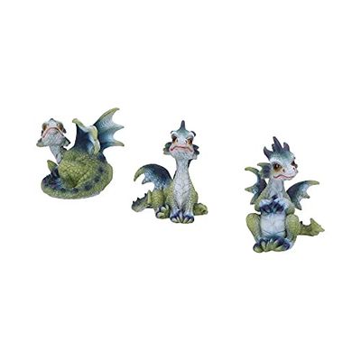 Nemesis Now Triple Trouble Dragon Figurki 15,5 cm (zestaw 3), zielone/fioletowe, jasnozielone figurki smoka, piękne szerokie oczy, odlewane z żywicy, fachowo ręcznie malowane