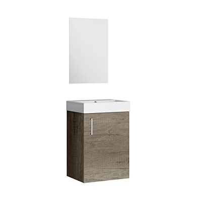 Baikal Conjunto de móveis de casa de banho 45 cm. Inclui móveis com lavatório. Melamina 16 mm. Móveis montados. Lavatório embutido. Com espelho 1 porta puxador vertical Nebraska