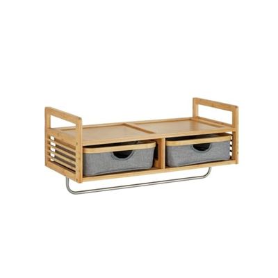 Mensola da Muro con 2 Cassetti - Mobile da Muro con Cassetti e Asta Appendiabiti, in Bambù Acciaio Inossidabile e Poliestere, 67x30x30cm, Marrone e Grigio