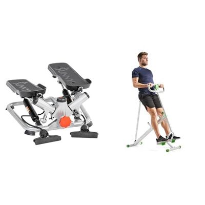 Sunny Health & Fitness Advanced Twist Stepper Machine w/Resistance Bands, Portable Mini + Row-N-Ride Squat Assist Trainer for Glutes & Full Body Cardio Workout