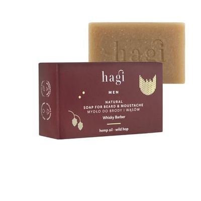 Hagi Whisky Barber Sapone Naturale per Barba e Baffi, con Estratto di Luppolo, Olio di Pino, Burro di Karitè, Oli di Erbe, Protettivo e Rinforzante, Profumo di Whisky, 100 g