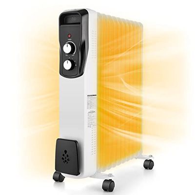 Olieradiator, 2500 W, energiebesparend met 11 ribben, elektrische radiator met 3 warmtestanden, thermostaat en 4 lichtlopende wielen, voor thuis en op kantoor