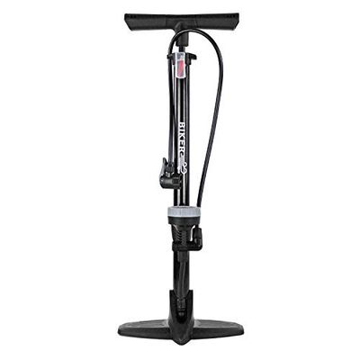 Biker vertikal cykelpump med högt tryck, cykelpump med ergonomiskt handtag, högtrycksdämpande system, cykelpump med tryckmätare, utrustad med tillbehör (svart)
