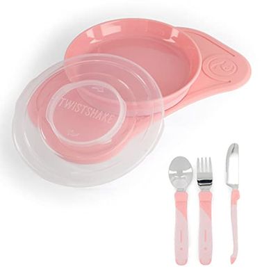 Twistshake Barnservis Set Mini + Bestick | Click-Mat Mini (31x17cm) + Barntallrik + Barnbestick 12m+ | BPA-fri Tallrik, Bordsunderlägg och Barnbestick | Träningstallrik | Rosa