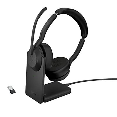 Jabra Evolve2 55 Auriculares Estéreo Inalámbricos con Base de Carga, Tecnología Jabra Air Comfort, Micrófonos con Cancelación de Ruido y ANC, para Plataformas UC como Zoom y Google Meet, Negro