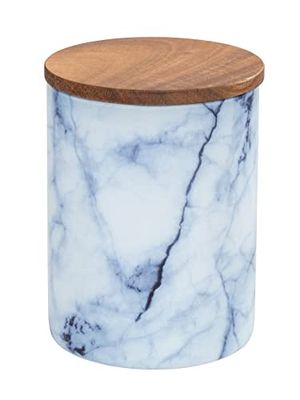 WENKO Mio storage tin, storage box made of borosilicate glass in marble look in blue/white with airtight lid made of FSC® certified brown acacia wood, 1 L, Ø 11 x 14.5 cm