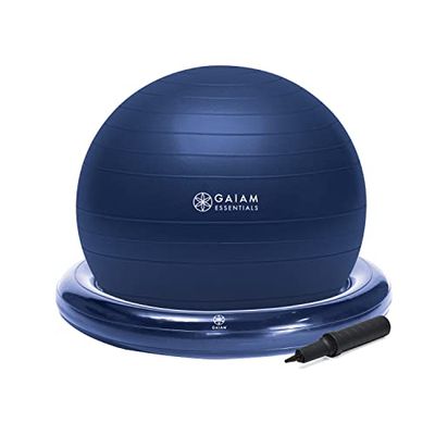 Gaiam Essentials Kit de balón de equilibrio y base, silla de bola de yoga de 65 cm, bola de ejercicio con base de anillo inflable para el hogar u oficina, incluye bomba de aire, azul marino