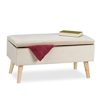 Relaxdays ottoman storage bench, velvet upholstery, 40 l capacity, padded seat, wooden legs, seating, cream furniture