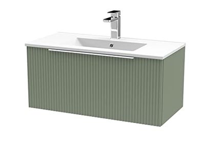 Hudson Reed DFF896B Fluted Modern Bathroom Wall Hung 1 Drawer Vanity Basin Unit with Minimalist Ceramic Basin, 800mm, Satin Green