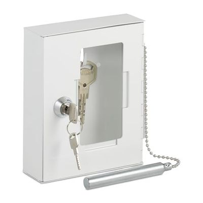 Relaxdays Boîte à clés d'urgence, avec vitre de Verre, Marteau Brise-Glace et 2 clés, verrouillable, métal, Blanche