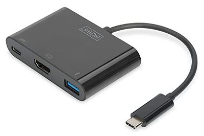 DIGITUS DA-70855 Adaptador multiporta USB tipo C HDMI UHD 4K 30 Hz 1 x HDMI, 1 porta Typ-C (PD), 1 x USB 3.0 preto