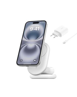 Belkin BoostCharge 2-in-1 magnetische inklapbare Qi2 15W lader, MagSafe compatible draadloze oplader, snellader voor Apple iPhone 16/15/14/13/12, laadstation met antislipvoet, voedingsadapter - Wit